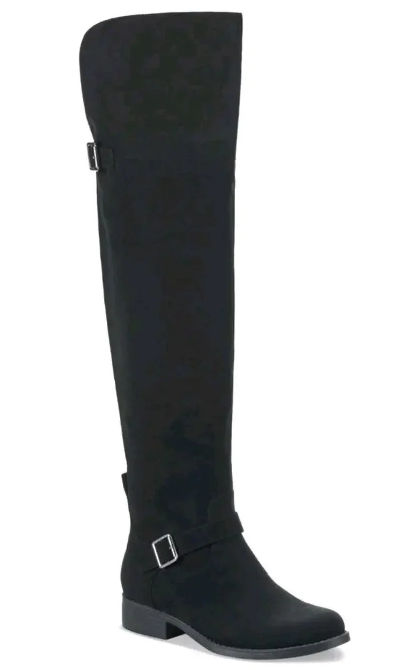 Sun Stone ~Woman Size 7M~ Anyaa Buckled Over-The-Knee Bo Black Micro NWOB.